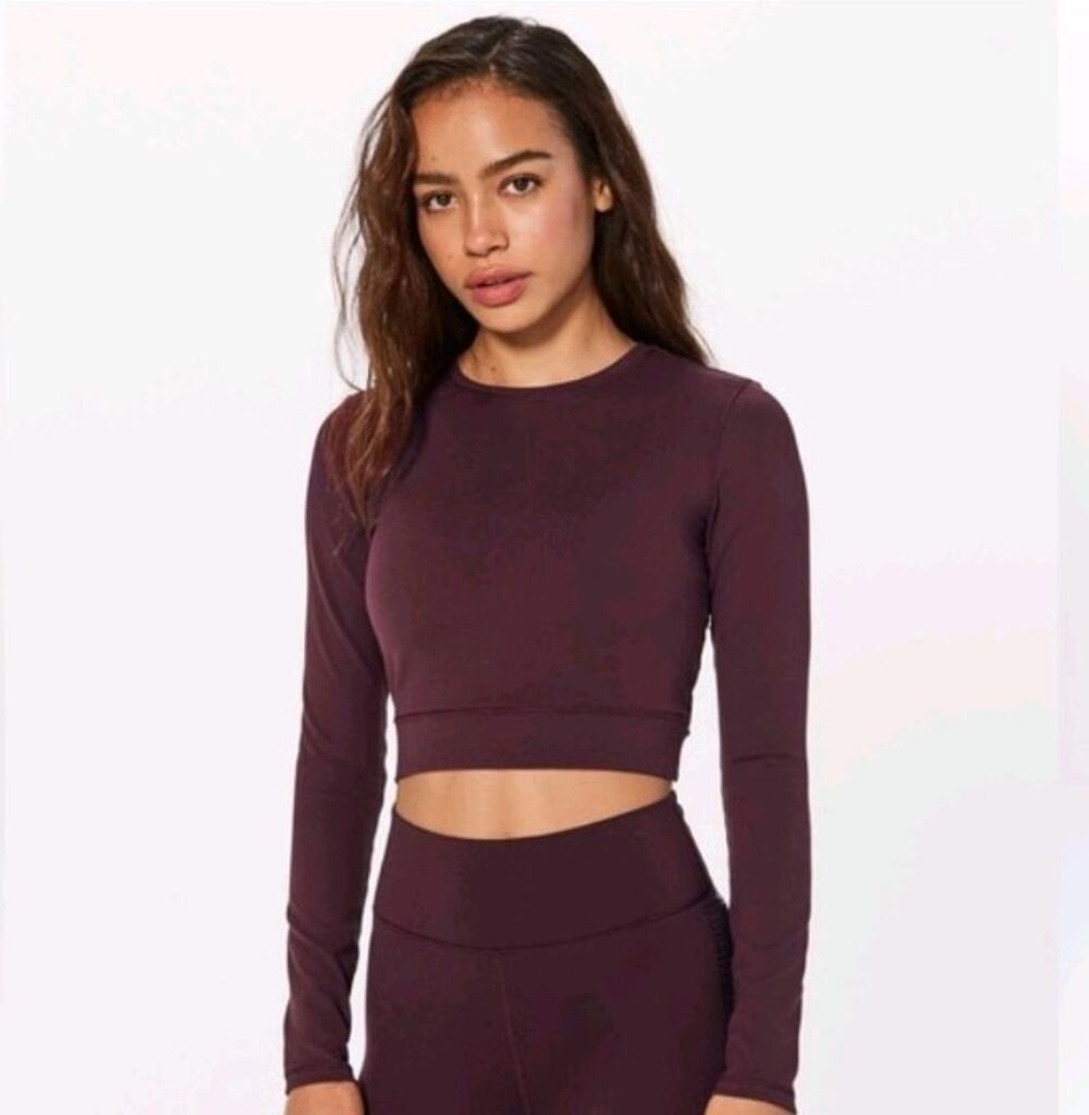 Lululemon Women's Plank To Pike Longsleeve Crossbody Burgundy Crop Top Size 6